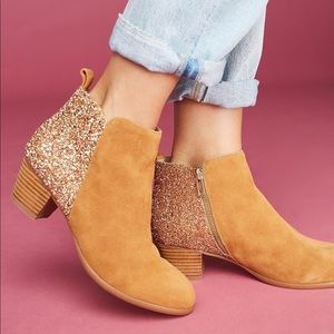 Anthropologie suede and gold glitter booties
